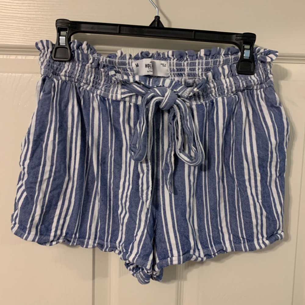 blue and white striped paper bag shorts